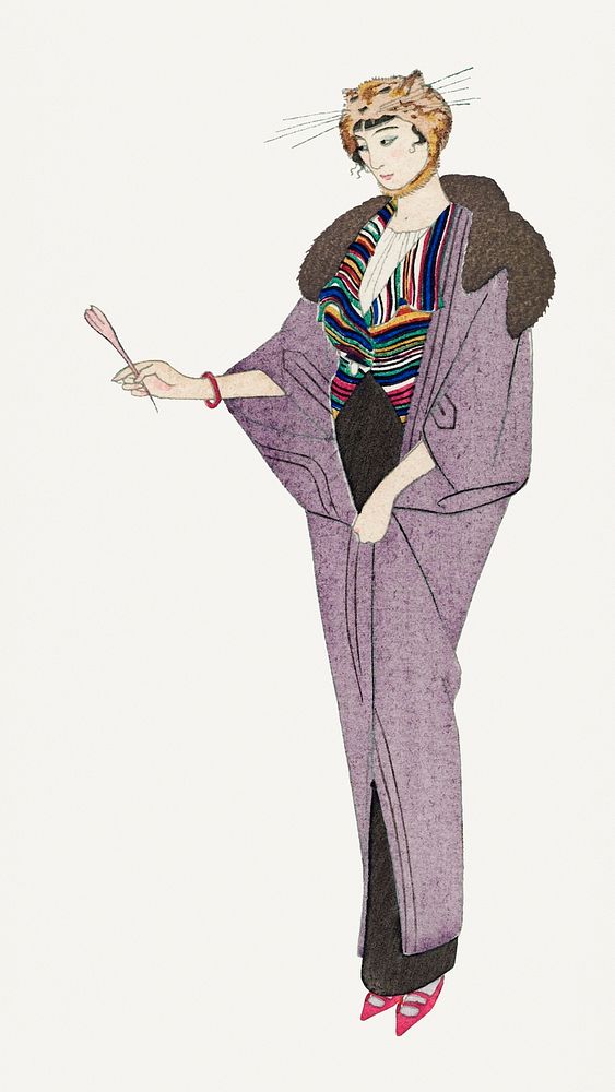 Woman in purple coat on round frame 19th century fashion, remix from artworks by George Barbier