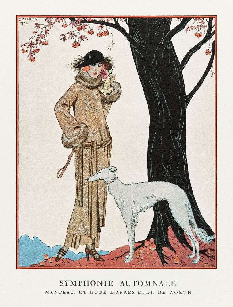 Autumn Symphony: Mantle and Afternoon Dress (1922) fashion illustration in high resolution by George Barbier. Original from…