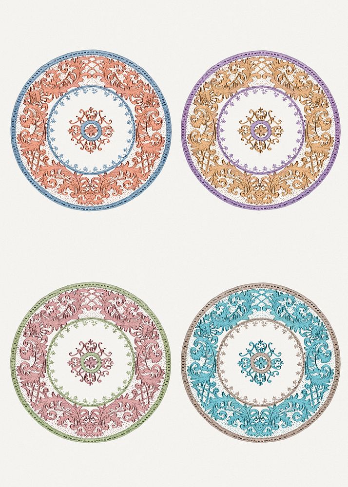 Vintage psd floral mandala motif set, remixed from Noritake factory china porcelain tableware design