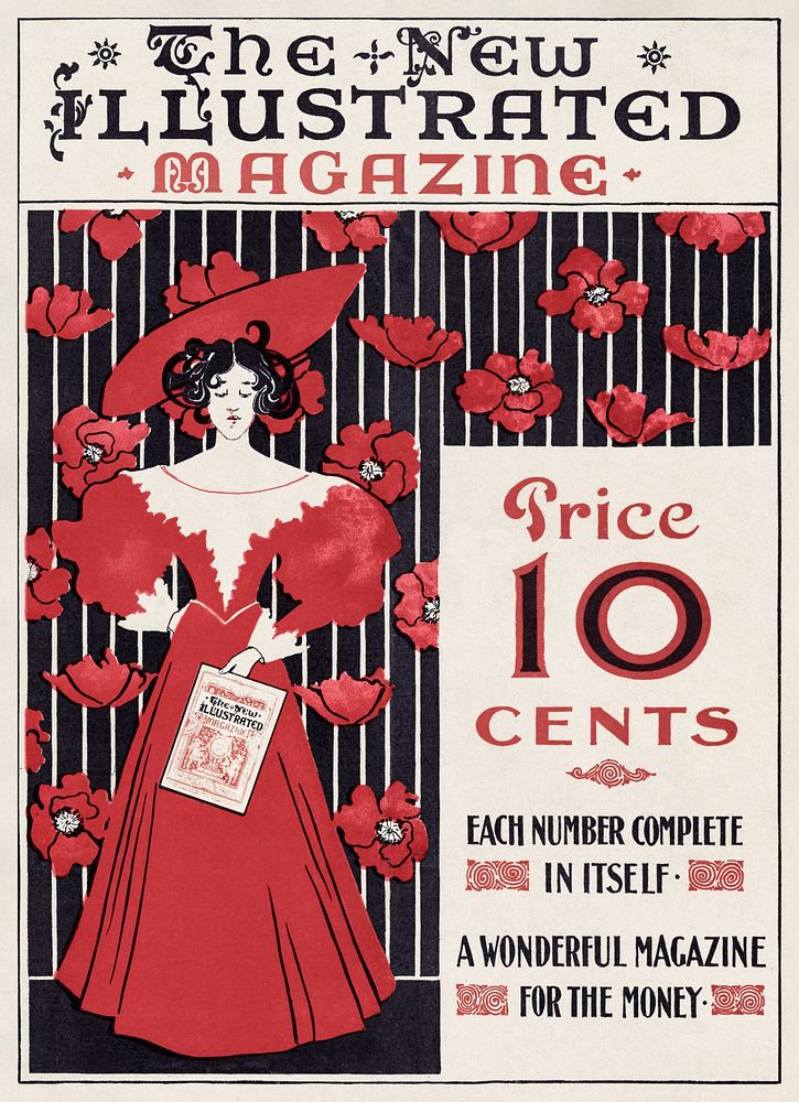 The New Illustrated Magazine (1890&ndash;1900) cover of flowers and a fashionably dressed woman holding magazine in high…
