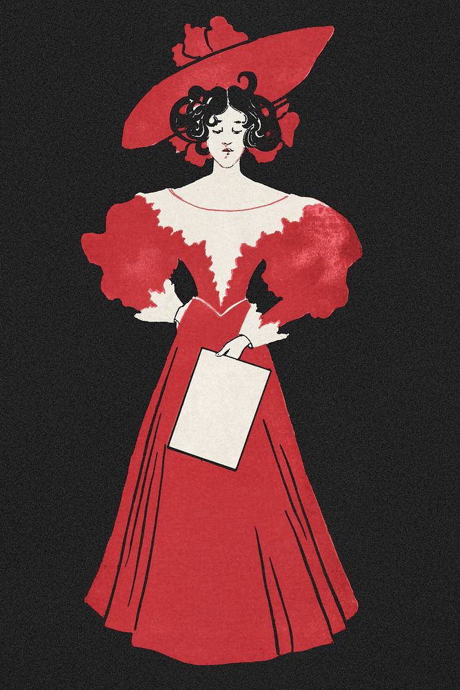 1900's fashion woman psd in red dress art print, remix from artworks by Ethel Reed