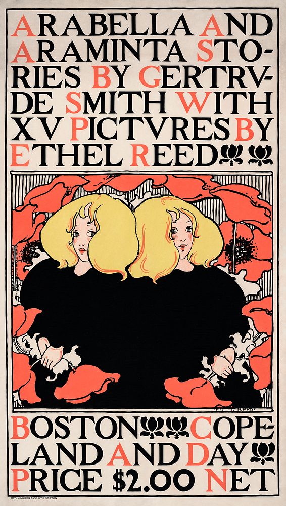 Arabella and Araminta Stories (1895) Art Nouveau poster of twin blonde girls p in high resolution by Ethel Reed. Original…