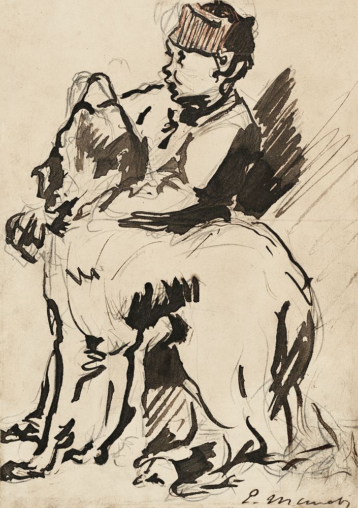 A Boy Holding His Dog (1922) drawing in high resolution by &Eacute;douard Manet. Original from The National Gallery of Art.…