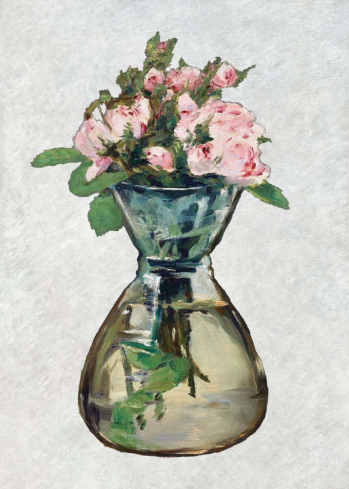 Moss roses in a vase psd painting, remixed from artworks by &Eacute;douard Manet