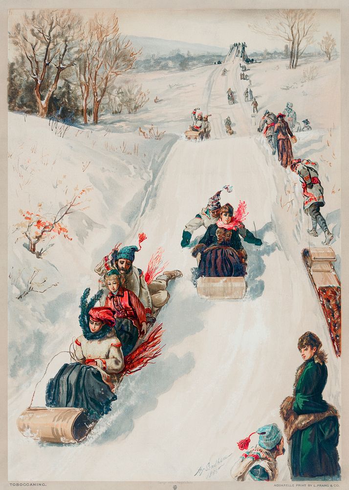 "Tobogganing" chromolithograph (1886) by L. Prang & Co. Original from Library of Congress. Digitally enhanced by rawpixel.