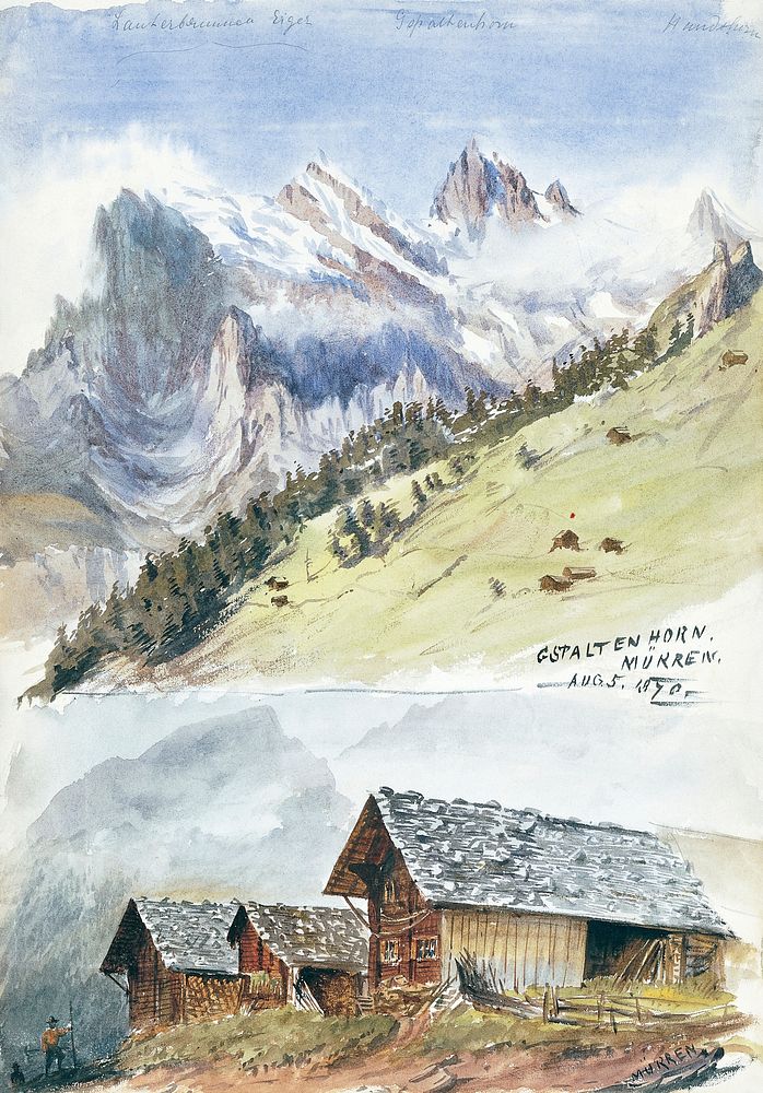 Gspaltenhorn, M&uuml;rren from Splendid Mountain Watercolours Sketchbook (1870) by John Singer Sargent. Original from The…