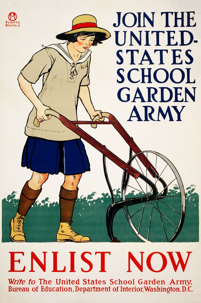 Join the United States school garden army&ndash;Enlist now (1918) print in high resolution by Edward Penfield. Original from…