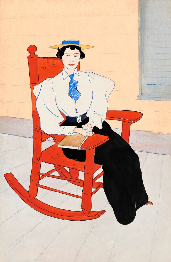 Young Woman Seated in a Red Rocking Chair (ca. 1895&ndash;1900) print in high resolution by Edward Penfield from Harper &…