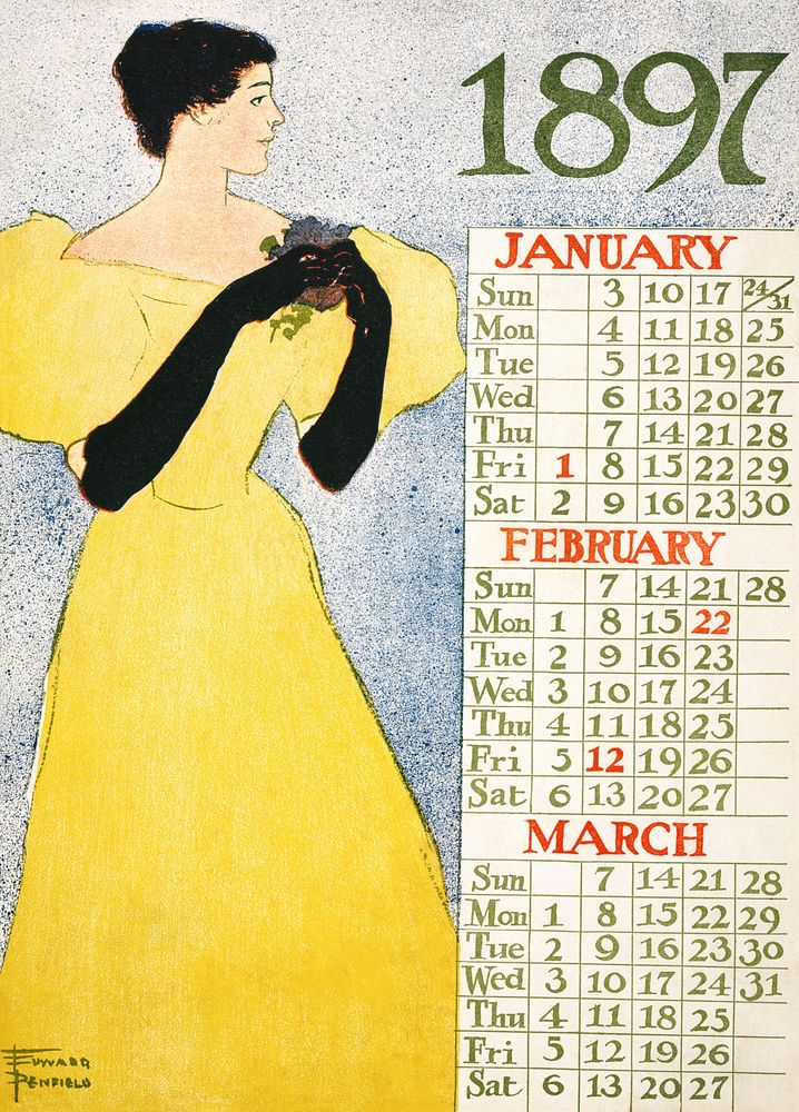 Calendar 1897 (1896) print in high resolution by Edward Penfield. Original from Library of Congress. Digitally enhanced by…