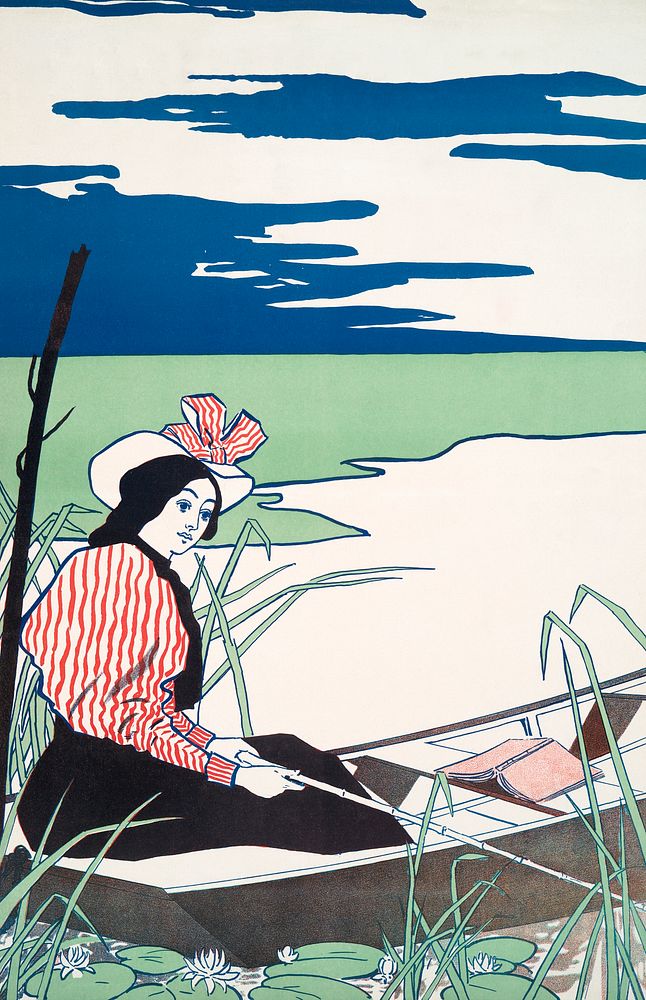 Woman fishing from a boat illustration, remixed from artworks by Edward Penfield