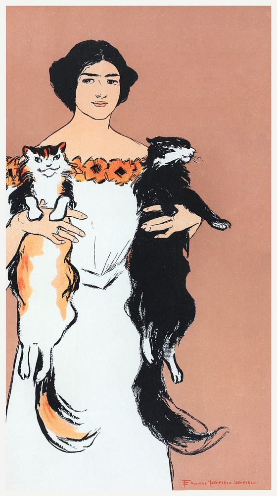 Woman holding cats (1898) print in high resolution by Edward Penfield. Original from The New York Public Library. Digitally…