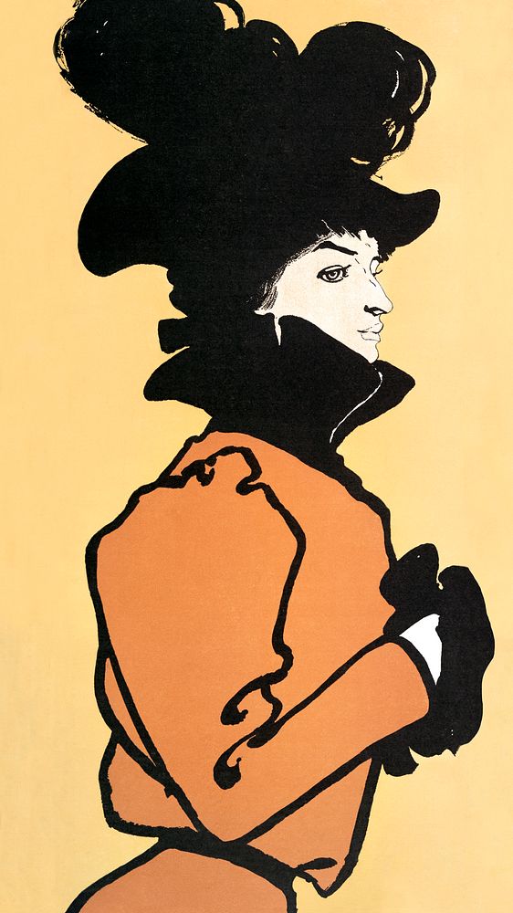 Vintage woman in orange dress illustration, remixed from artworks by Edward Penfield