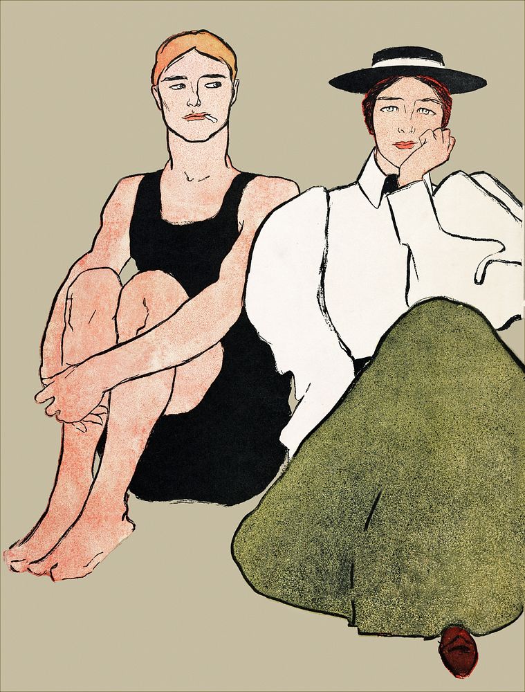 Vintage Woman and man in swimsuit illustration, remixed from artworks by Edward Penfield