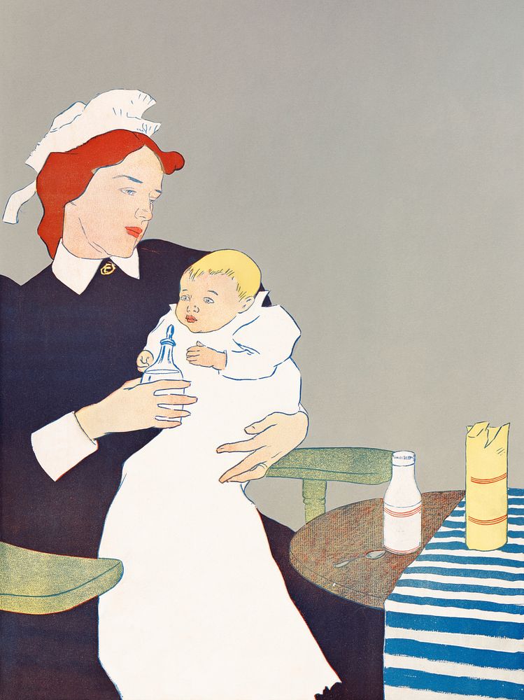 Mother feeding baby illustration, remixed from artworks by Edward Penfield