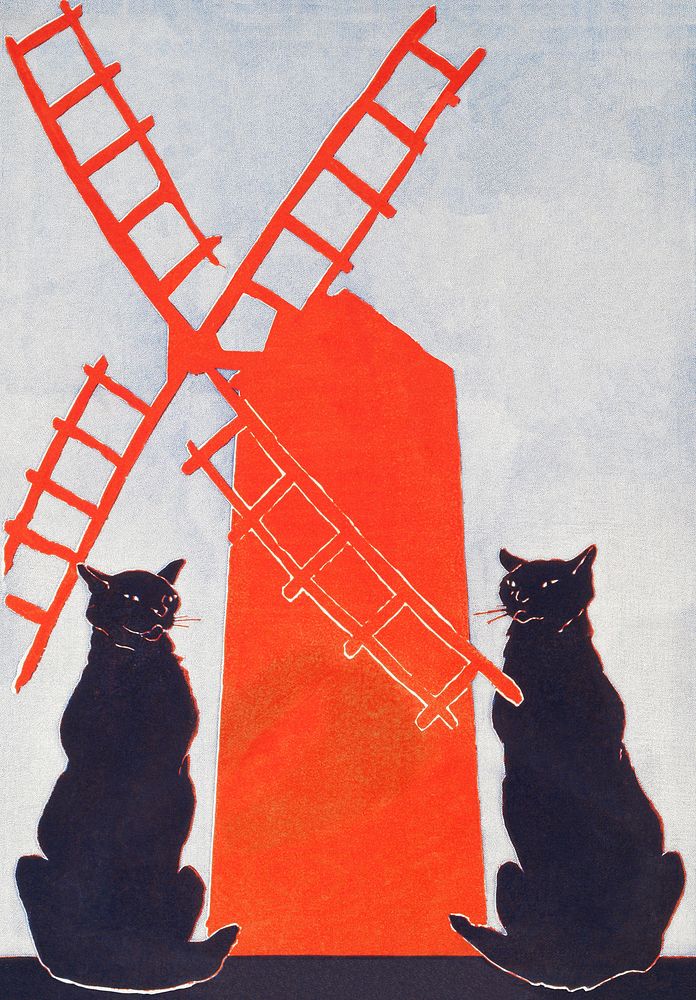 Black cats and Red windmill art print, remixed from artworks by Edward Penfield