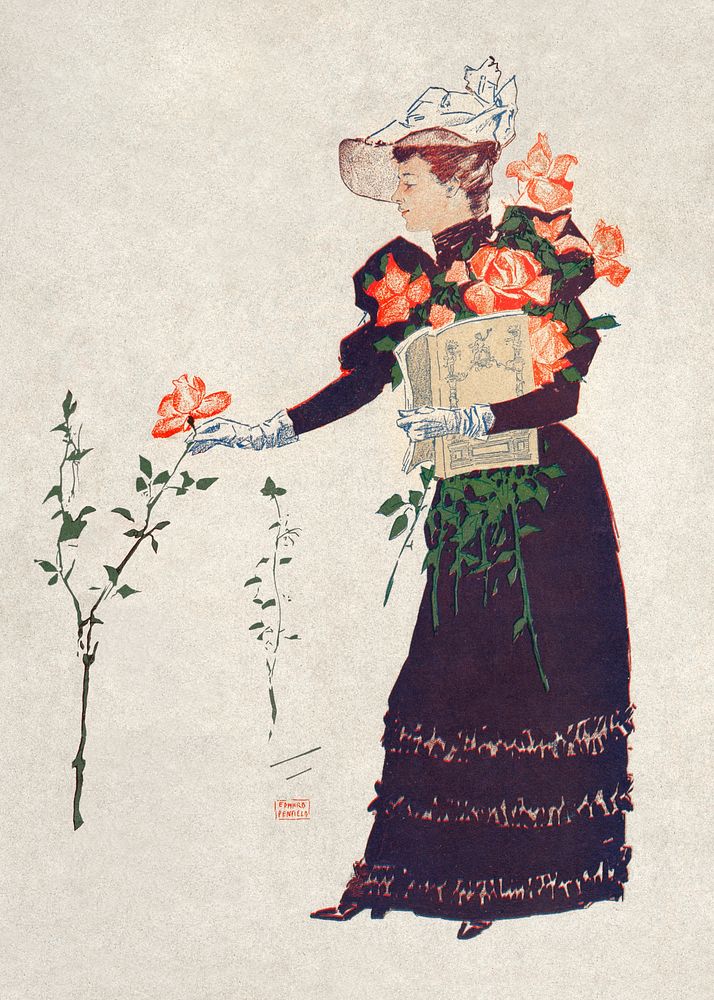 Woman picking up flowers (1893) print in high resolution by Edward Penfield. Original from Library of Congress. Digitally…