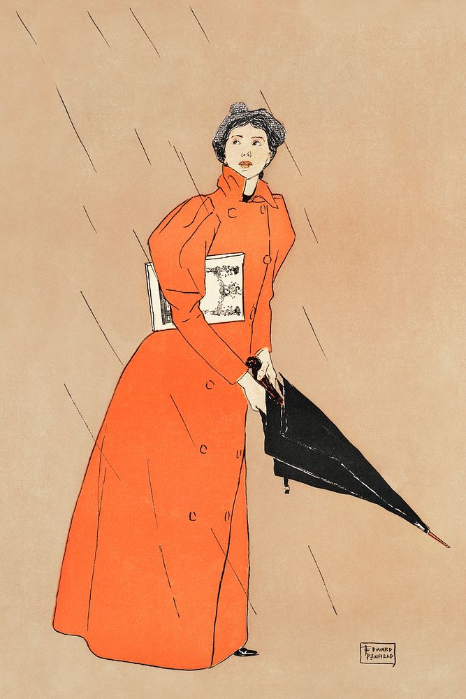 Woman holding umbrella (1894) print in high resolution by Edward Penfield. Original from Library of Congress. Digitally…