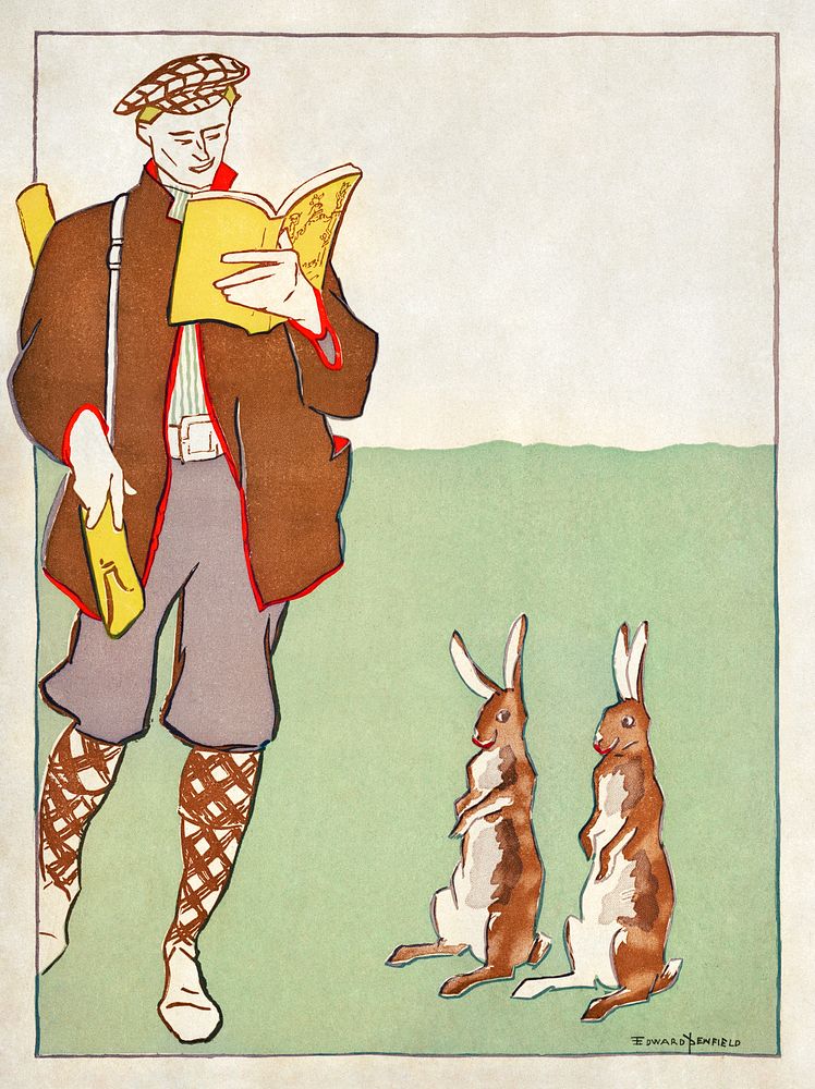 Man reading a book with Hares (1895) print in high resolution by Edward Penfield. Original from Library of Congress.…
