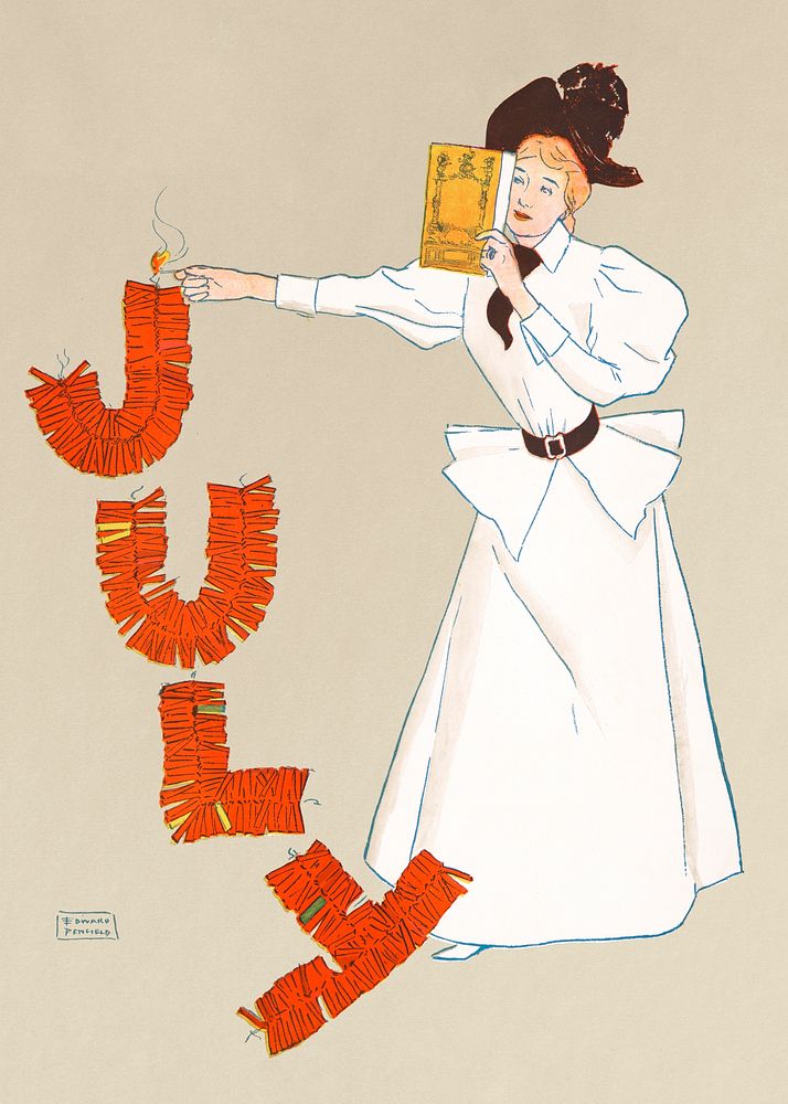 Woman lighting up firecrackers (1894) print in high resolution by Edward Penfield. Original from Library of Congress.…