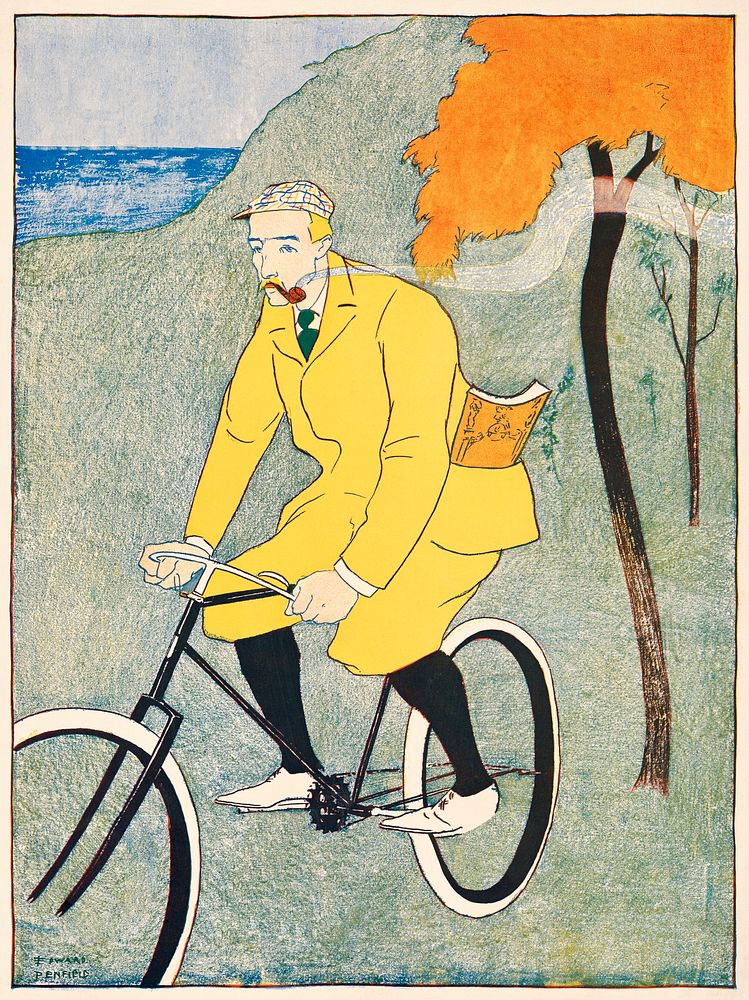 Man riding bicycle (1894) print in high resolution by Edward Penfield. Original from Library of Congress. Digitally enhanced…