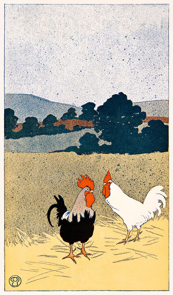 Two roosters in a field (1898) print in high resolution by Edward Penfield. Original from Library of Congress. Digitally…