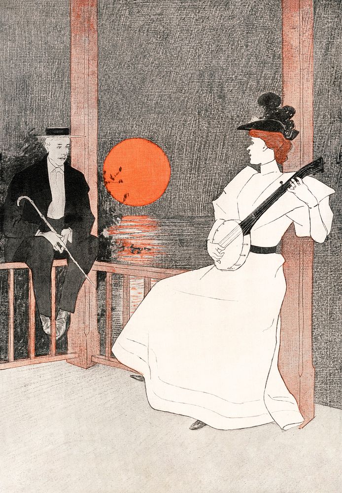 Vintage woman playing banjo illustration, remixed from artworks by Edward Penfield