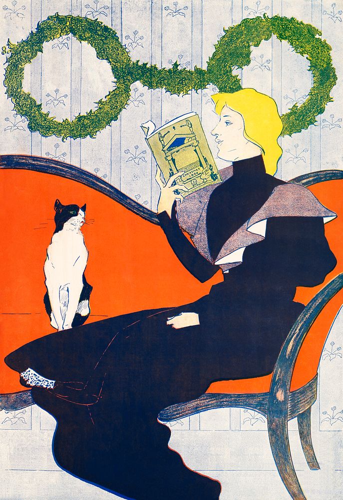 Woman reading a book during Christmas illustration, remixed from artworks by Edward Penfield