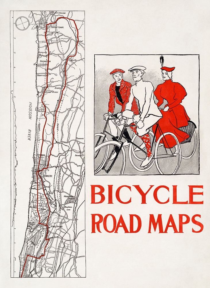 Bicycle road maps (1895) print in high resolution by Edward Penfield. Original from Library of Congress. Digitally enhanced…