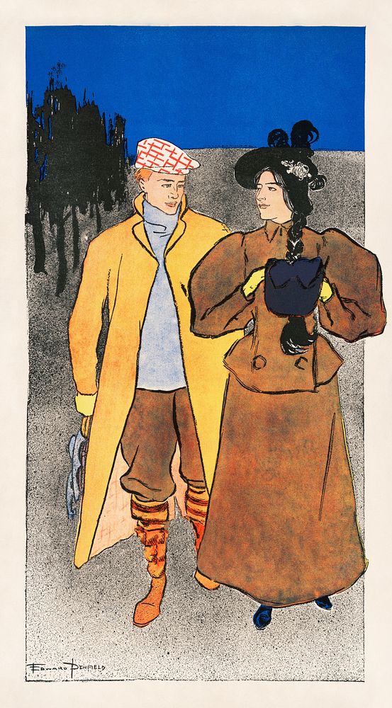Man walking with woman (1896) print in high resolution by Edward Penfield. Original from Library of Congress. Digitally…