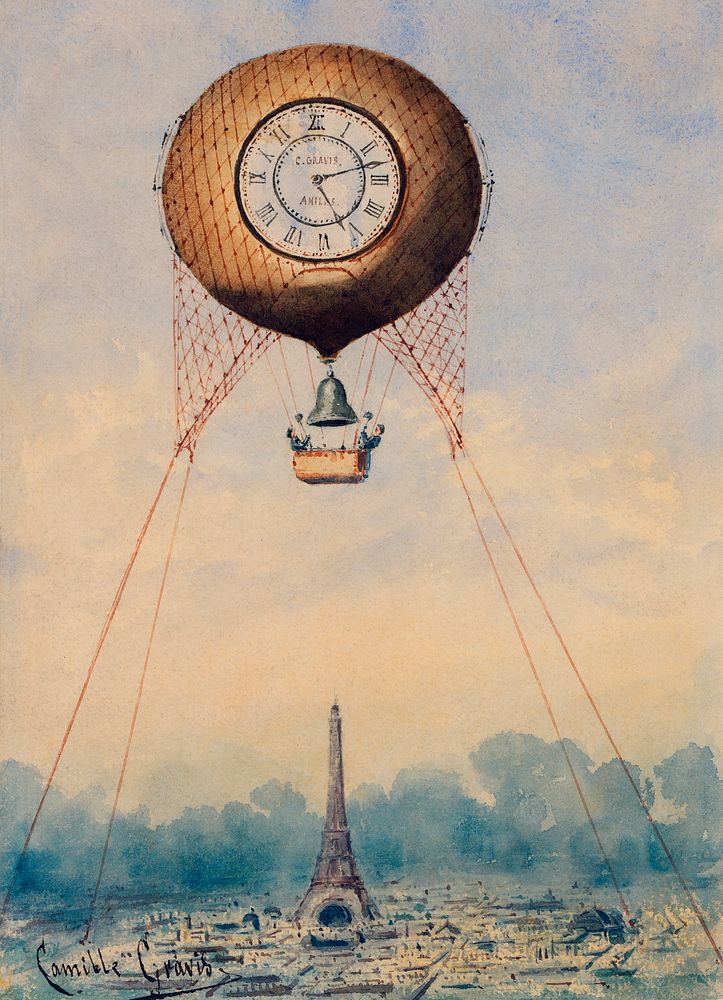 Illustration of captive balloon with clock face and bell, hovering above Paris, France with Eiffel Tower in the background…