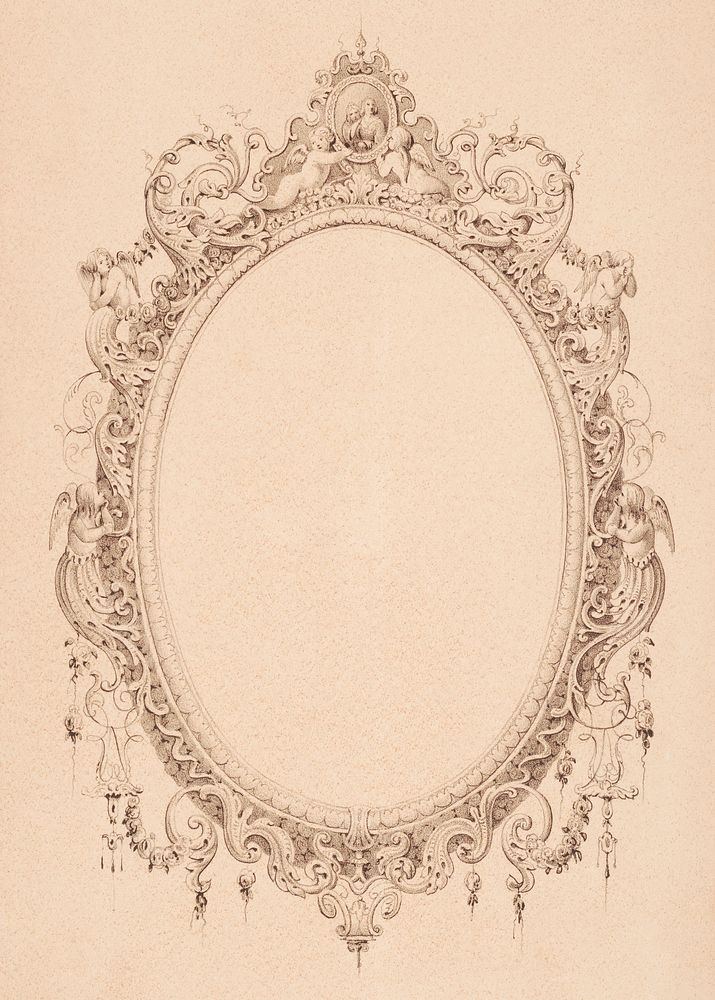 Portrait Frame by James F. Queen (Died: 1889) design with an oval frame decorated with baby angels. Original from Library of…