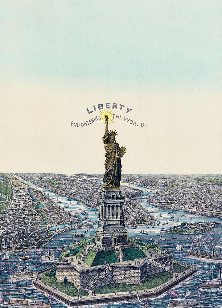 The Great Bartholdi Statue, Liberty Enlightening the World, published by Currier & Ives. Original from Library of Congress.…