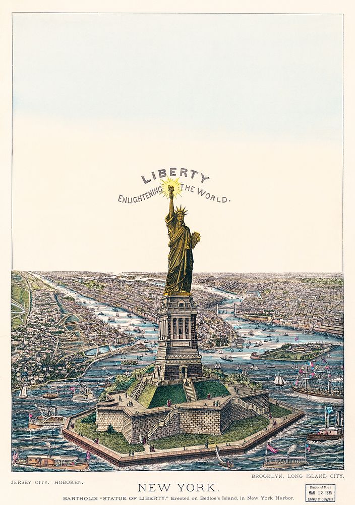 The Great Bartholdi Statue, Liberty Enlightening the World, published by Currier & Ives. Original from Library of Congress.…