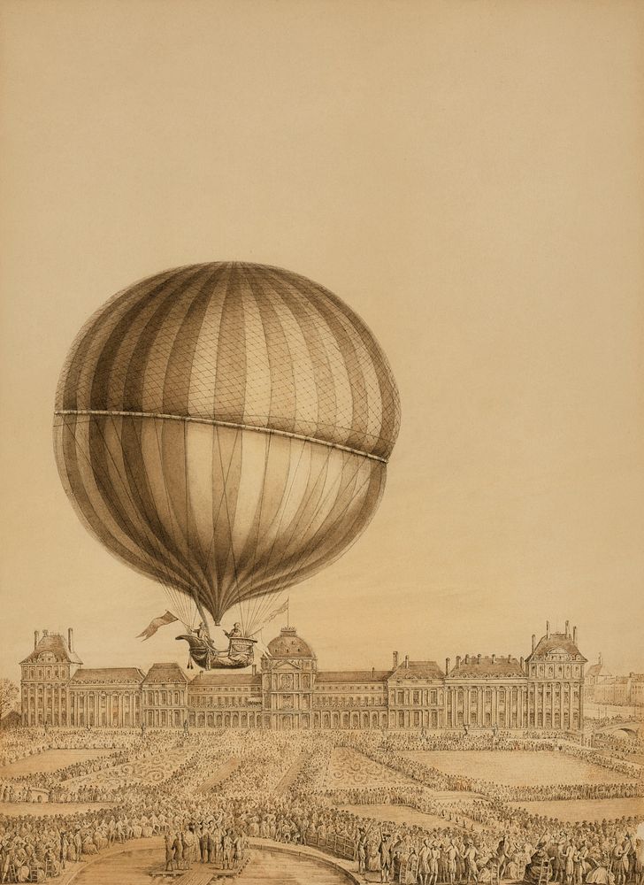 Drawing by an unknown artist, the illustration depicts the first manned gas balloon flight by Jacques Charles and Marie-Noel…