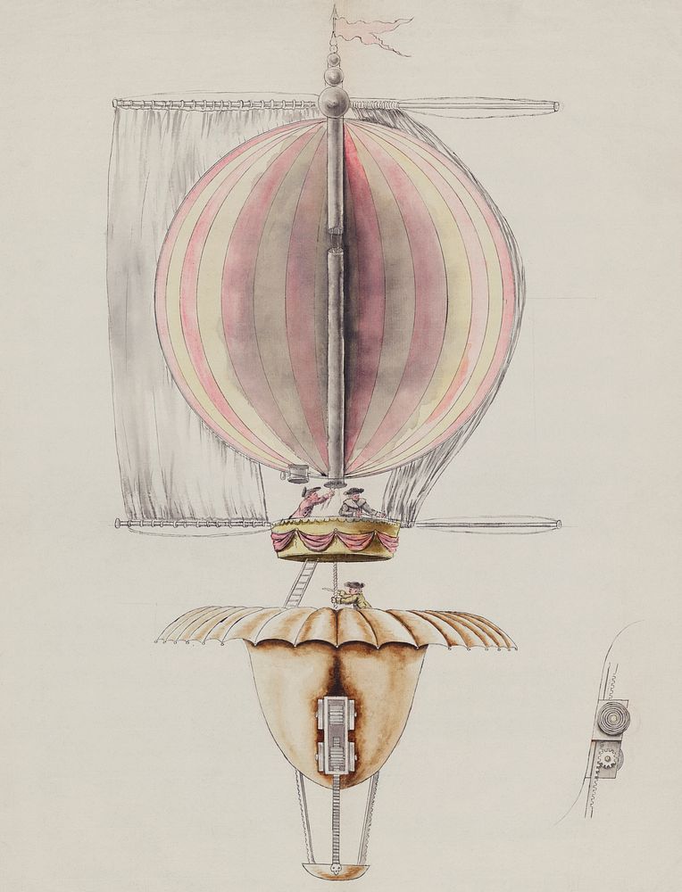 A watercolor drawing, proposed Design for Balloon Utilizin Sails for Propulsion, Paris (1783) by and unknown artist, the…