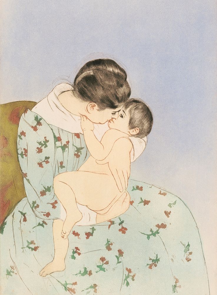 Mother&rsquo;s Kiss illustration by Mary Cassatt (1844-1926). Original from Library of Congress. Digitally enhanced by…