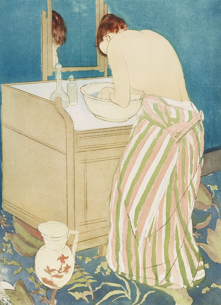 Woman Bathing illustration by Mary Cassatt (1844-1926). Original from Library of Congress. Digitally enhanced by rawpixel.