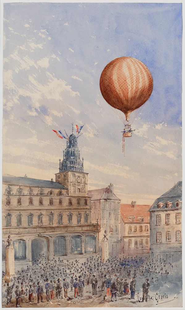 Balloon with two passengers hovering over a French town square by Camille Gravis. Original from Library of Congress.…