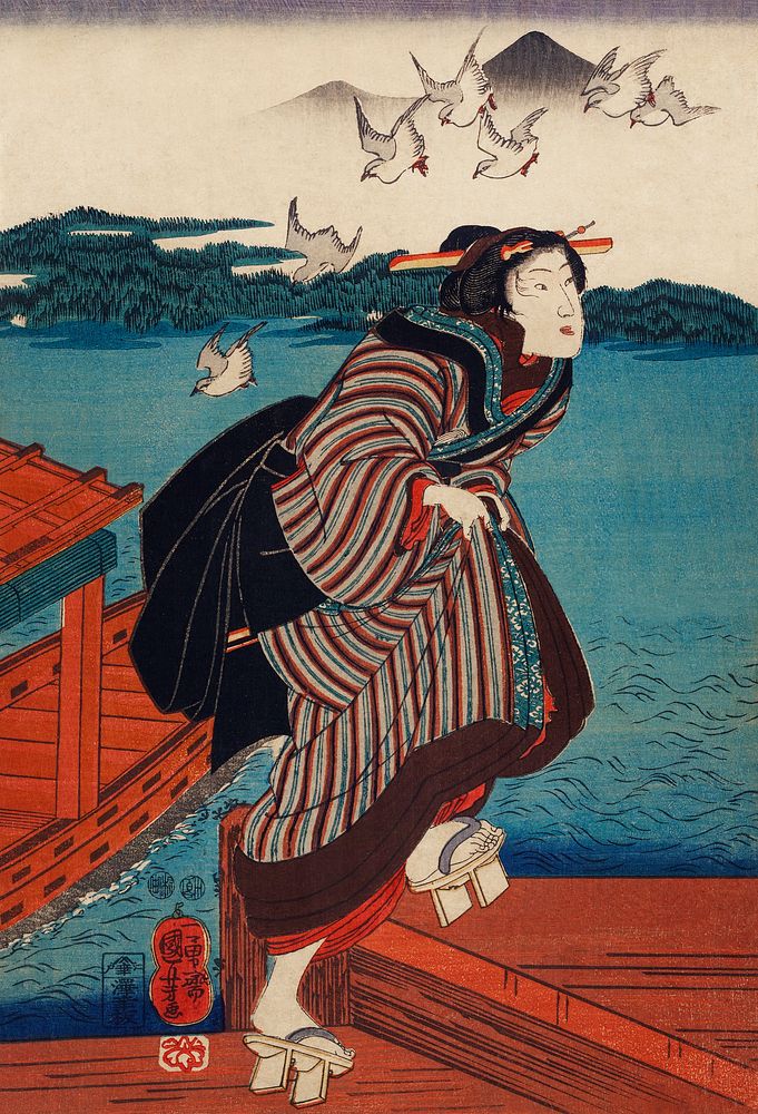 Sanbashi no Onna by Utagawa Kuniyoshi (1753-1806), translated "Young Woman at Sanbashi", a traditional Japanese ukiyo-e…