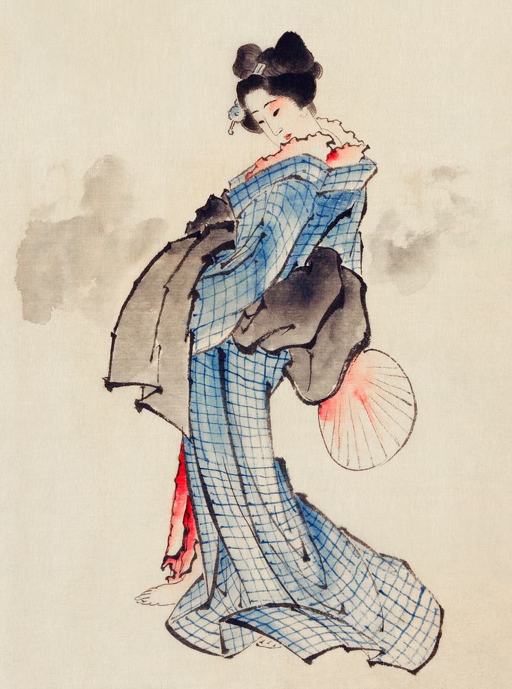 Woman, Full-Length Portrait, Standing, Facing Left, Holding Fan in Right Hand, Wearing Kimono with Check Design by Katsushika…