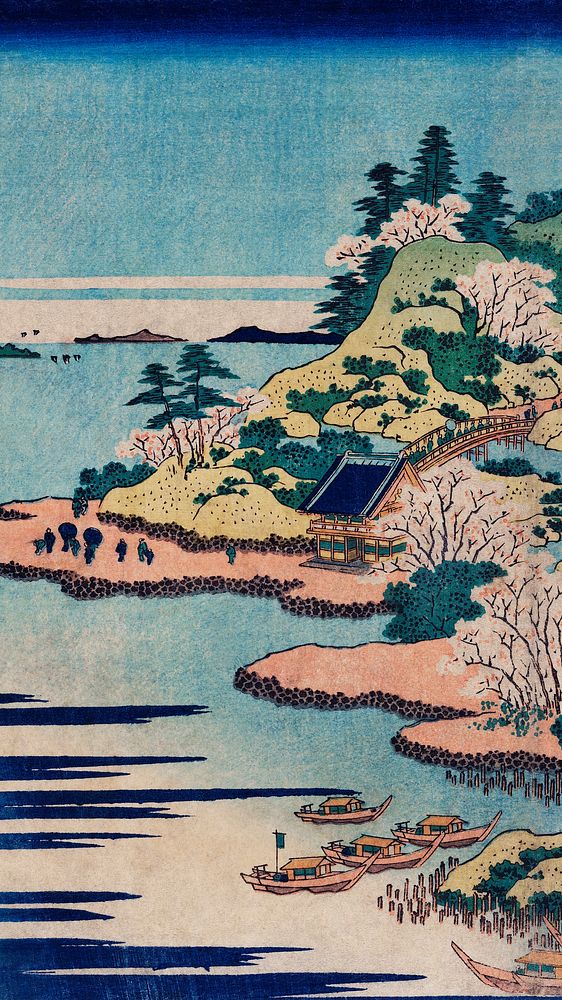 Hokusai iPhone wallpaper, mobile background, Sesshu Ajigawaguchi Tenposan Japanese woodblock print