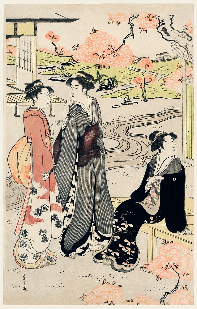 Nina no Hanami by Eishi Hosoda (1756-1829), a traditional Japanese Ukyio-e style illustration of a Japanese women in kimono…