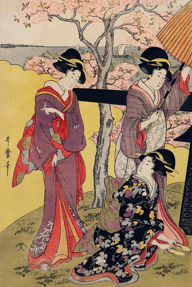 Gotenyama no Hanami Hidari by Utamaro Kitagawa (1753-1806), a print of a traditional Japanese women in an outing viewing…