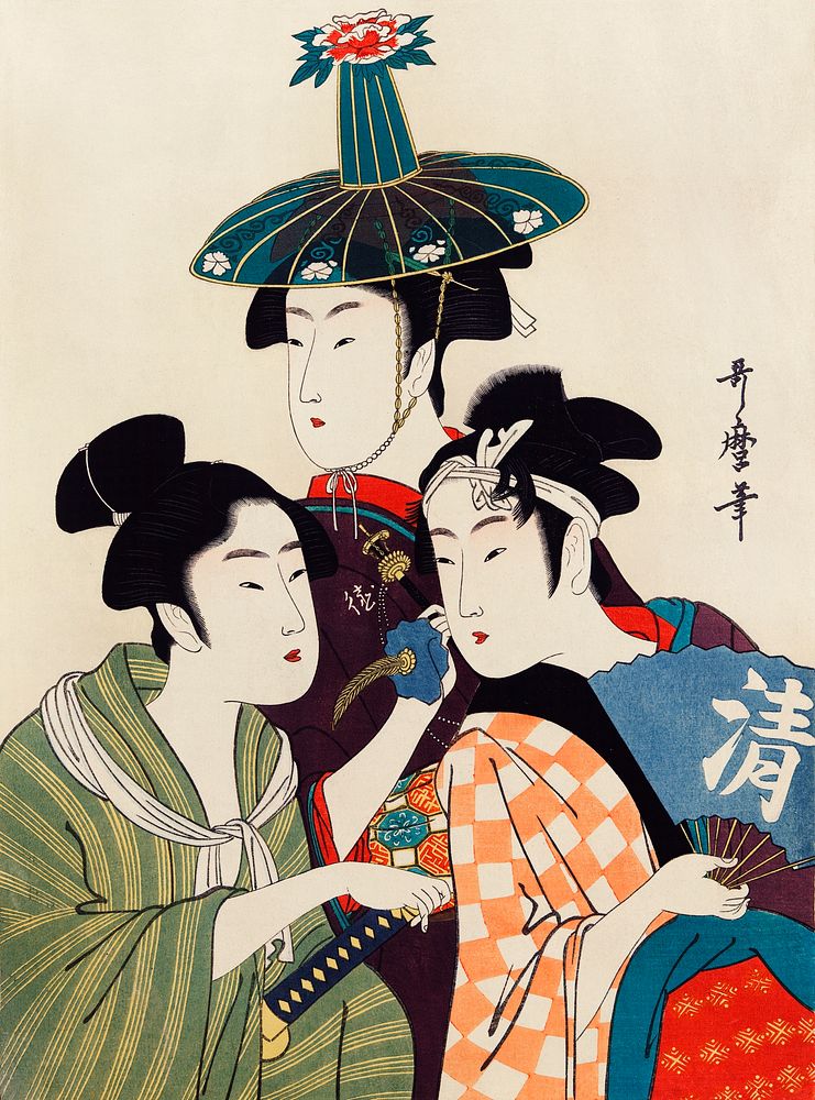 Three Young Men or Women by Utamaro Kitagawa (1753-1806), an ambiguous print of three traditional Japanese women or men…
