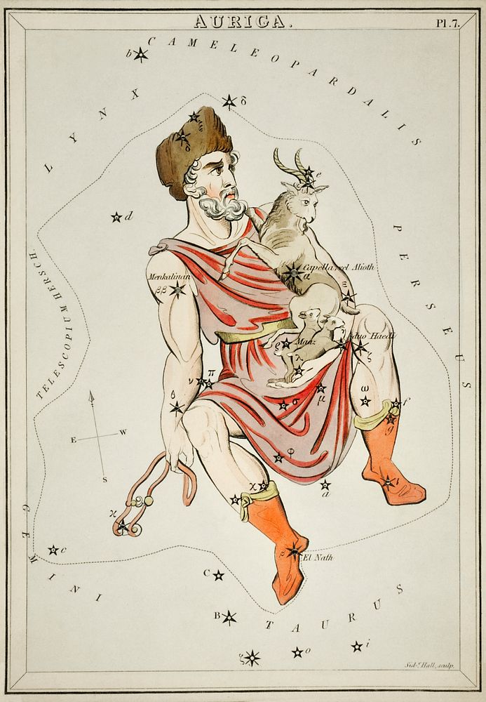 Sidney Hall&rsquo;s (1831) astronomical chart illustration of the Auriga. Original from Library of Congress. Digitally…