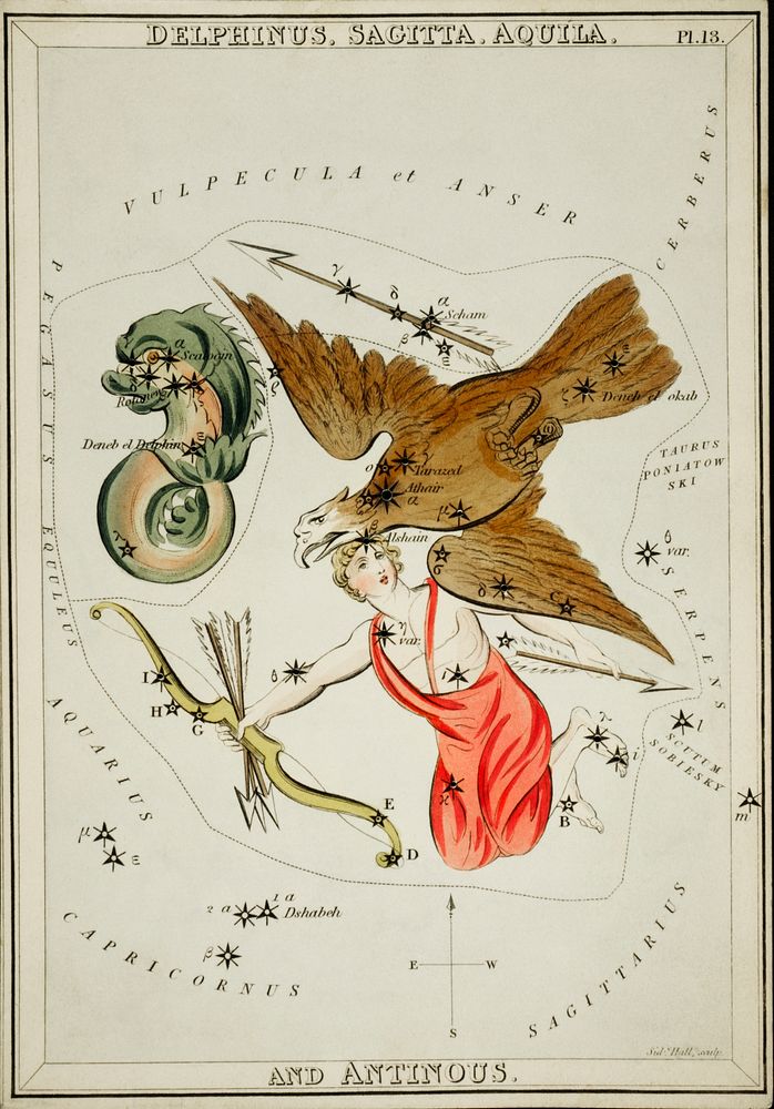 Sidney Hall&rsquo;s (1831) astronomical chart illustration of the Delphinus, Sagitta, Aquila, and the Antinous. Original…