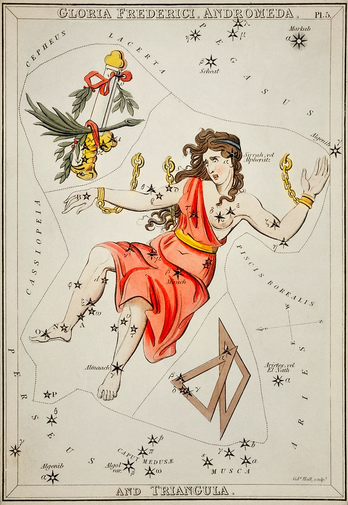 Sidney Hall&rsquo;s (1831) astronomical chart illustration of Gloria Frederici, Andromeda. Original from Library of…