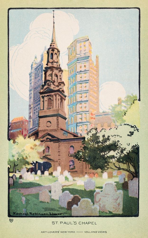 St. Paul's Chapel (1914) from Art&ndash;Lovers New York postcard in high resolution by Rachael Robinson Elmer. Original from…
