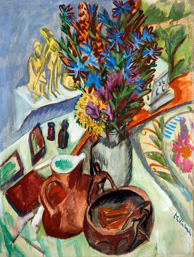 Still Life with Jug and African Bowl (1912) painting in high resolution by Ernst Ludwig Kirchner. Original from The Los…