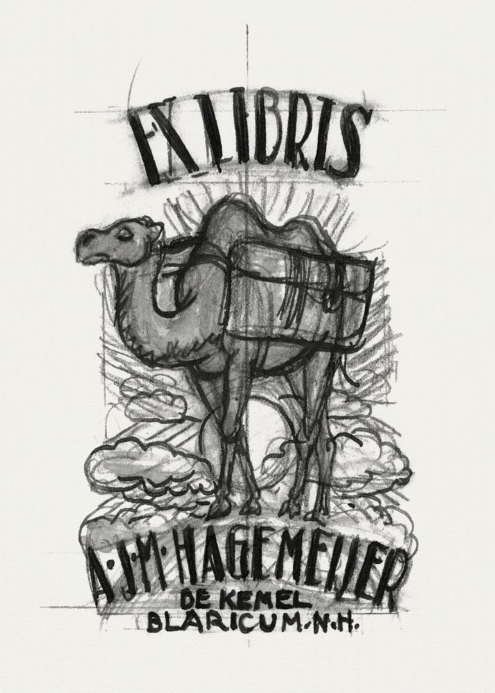 Design for an ex-libris by Antonius Johannes Maria Hagemeijer: camel (ca. 1891&ndash;1941) drawing in high resolution by Leo…